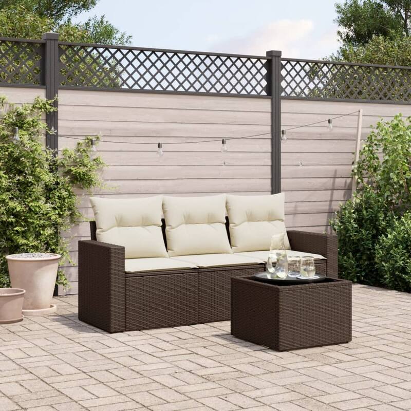vidaXL Garden Sofa Set Brown, Cream White - 73.2 x 24.4 x 33.5 in - Brown and cream-With table