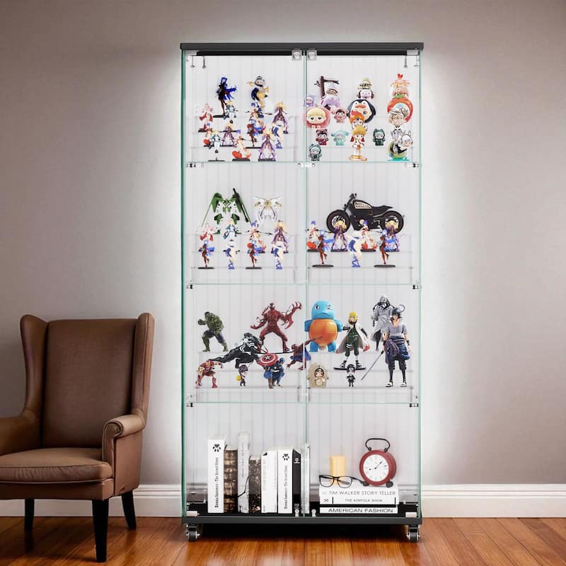 Glass Display Cabinet with Doors & Locks, Acrylic Shelves, Floor Standing Storage Showcase for Home or Office - 4-Tier - Black