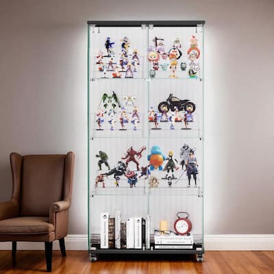 Glass Display Cabinet with Doors & Locks, Acrylic Shelves, Floor Standing Storage Showcase for Home or Office