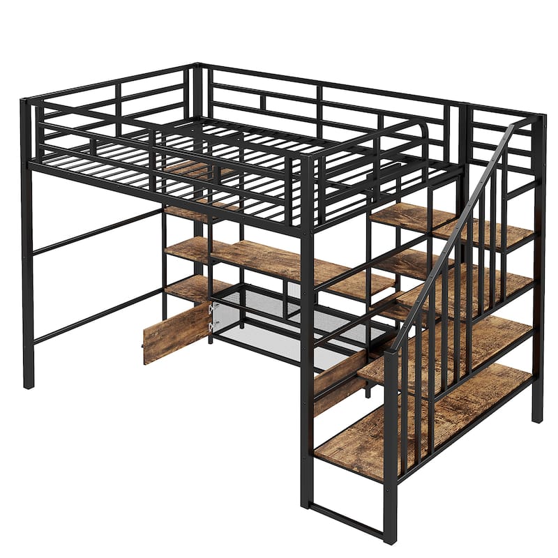 Full-Size Metal Loft Bed with Staircase, Built-In Low Storage Desk, and Multi-Tier Shelving for Space-Saving Versatility