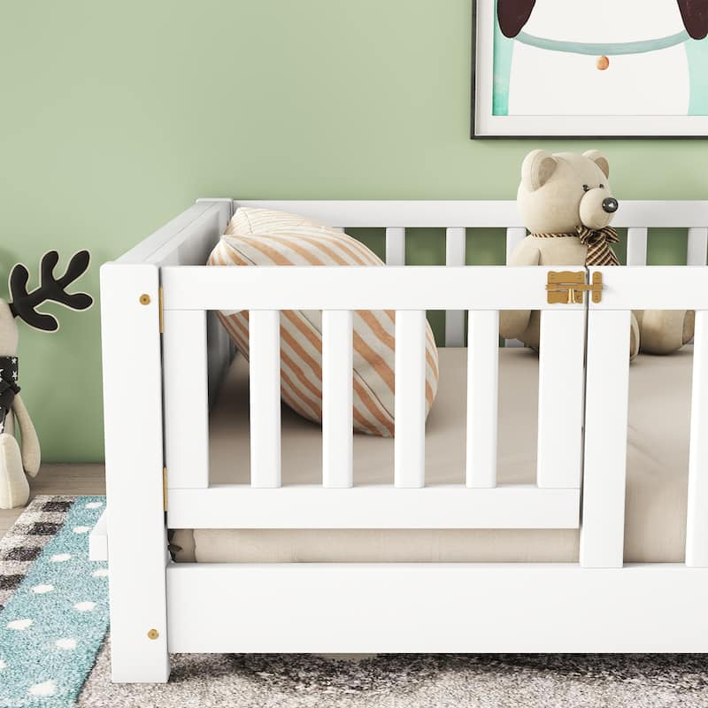White Twin Size Pine Wood Floor Platform Bed with Built-in Book Storage Rack, Door