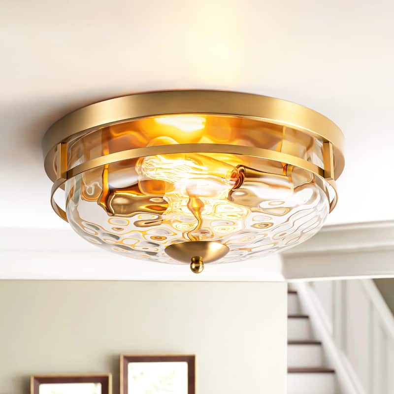 2-Light Industrial Farmhouse Ceiling Light Dome Clear Water Rippled Glass Flush Mount Light - 12.9 in. W x 5.5 in. H - Aged Brass
