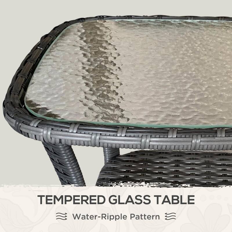 Outdoor Rattan Coffee Table with Storage Shelf, Wicker Side Table with Glass Top