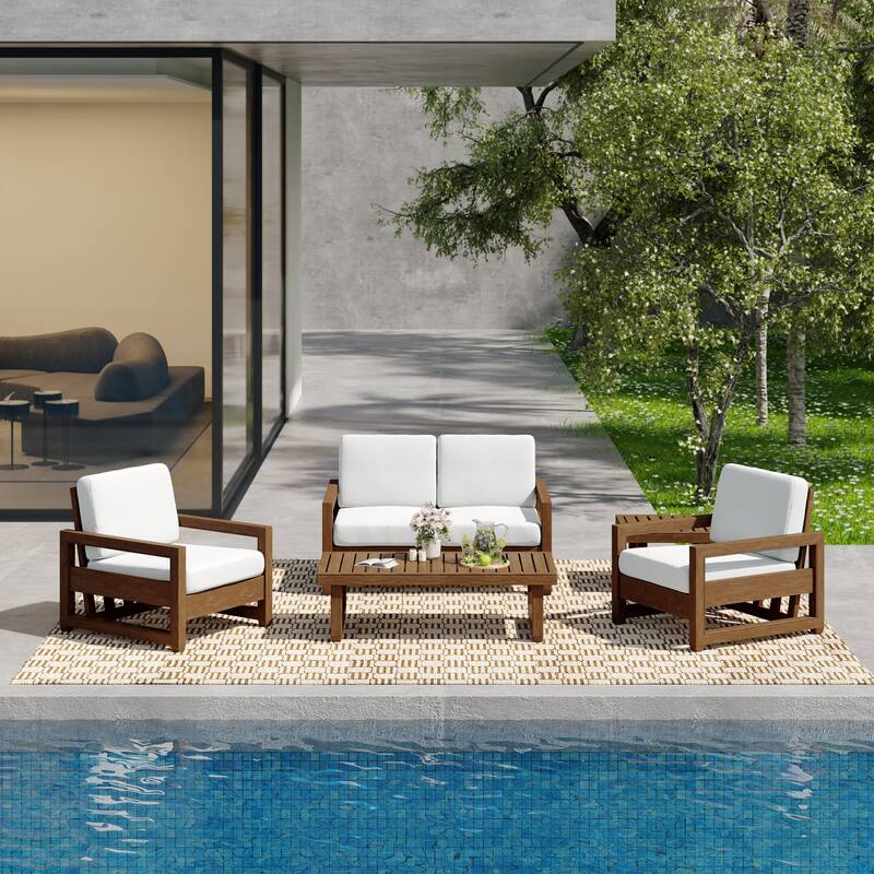 5-Piece Teak Wood Outdoor Patio Conversation Set with Cushion