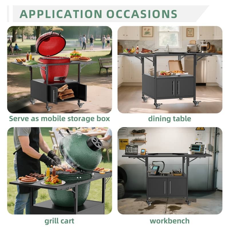 Outdoor Grill Table for Big Green Egg Style BBQ, Metal Grill Cart with 2 Folding Panels - 59.3"L