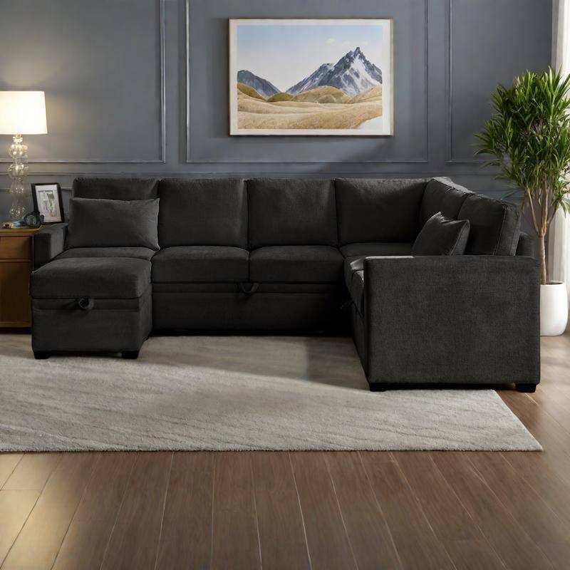 105.5" U-Shaped 5-Seater Sleeper Sofa with Pull-Out Bed and Storage Ottoman - Black