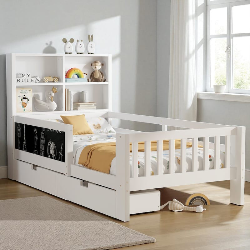 Twin/Full Solid Wood Platform Bed with Chalkboard Headboard, Storage Drawers and Shelves, Space-Saving Kids Bed