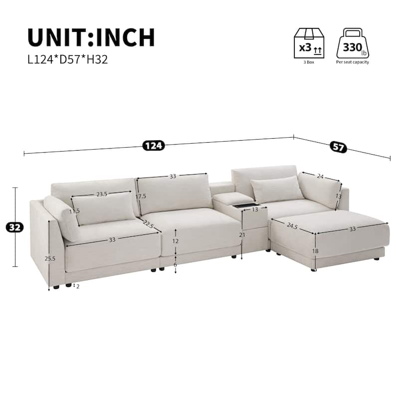 124'' Modular Sectional L-Shaped Chenille Sofa with Storage Console and Movable Ottoman