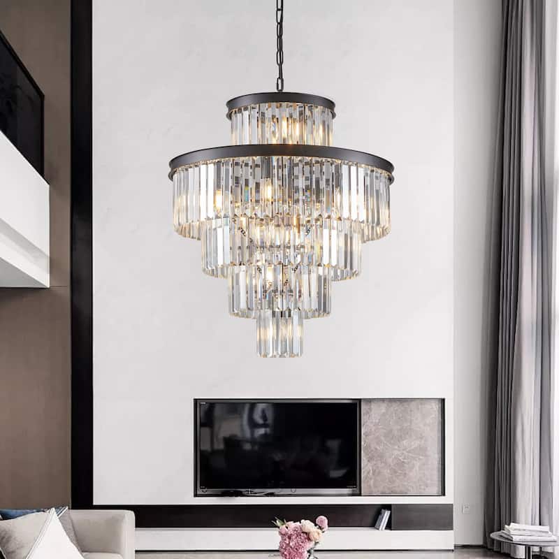 24" 15-Light Black Crystal Chandelier - 5 Tier - Living Dining Entryway(Bulb Not Included)
