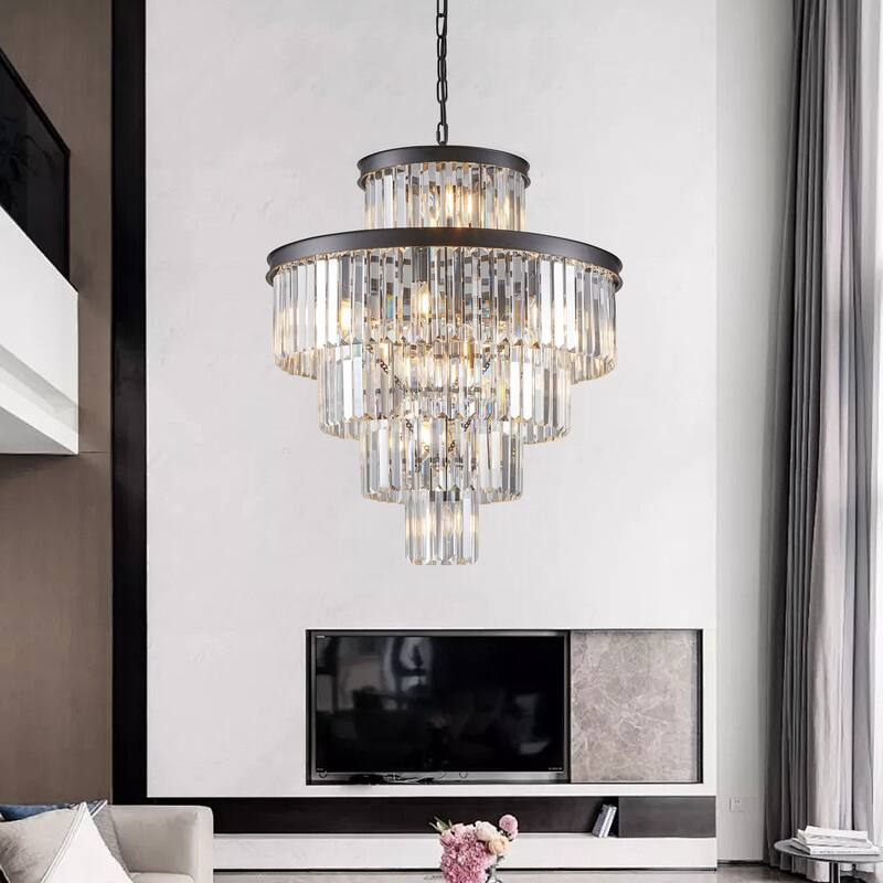 24" Luxury Crystal Chandelier with Black Finish - Elegant 15-Light 5 Tier Pendant Light Fixture for Living Room, Dining Room