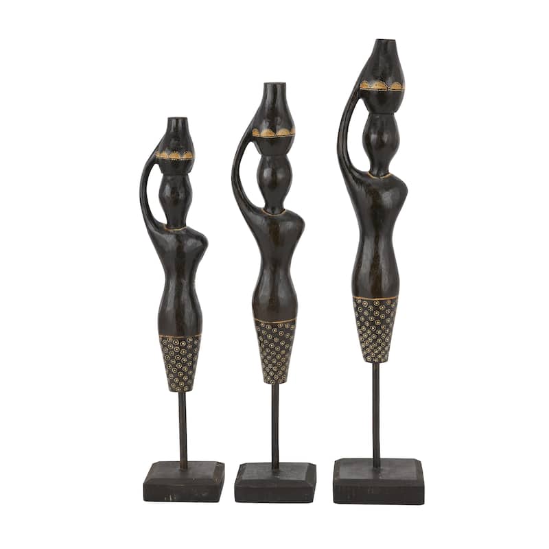 Wood Woman Standing African Sculpture with Baskets on Their Heads - Set of 3 Black - Roche River Decor