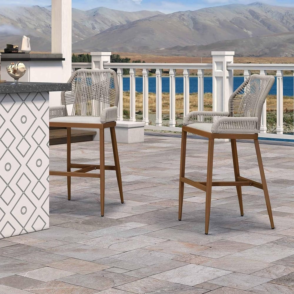 PURPLE LEAF Outdoor Bar Stools Chair Set of 2, All Weather Rattan and Aluminum Patio Bar Stool with Cushion