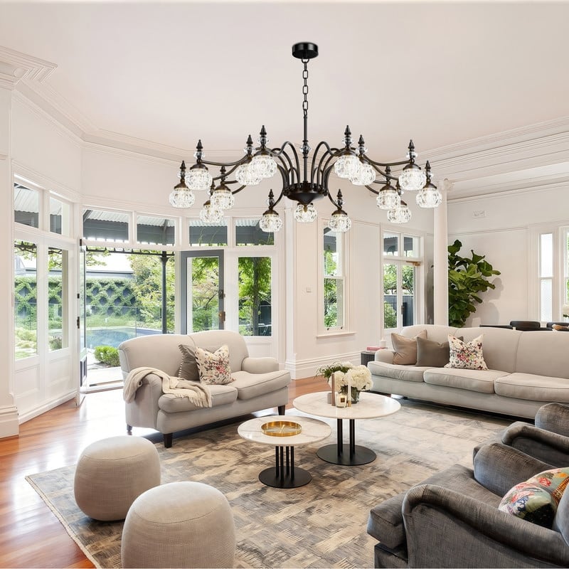 Farmhouse Antique Chandeliers with Glass Shade, Vintage Black Crystal Chandelier