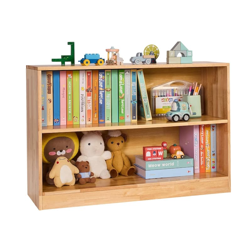 Brown Wooden Montessori Bookshelf with 2 Compartments and Top Storage - 35.43 x 11.81 x 23.62 in