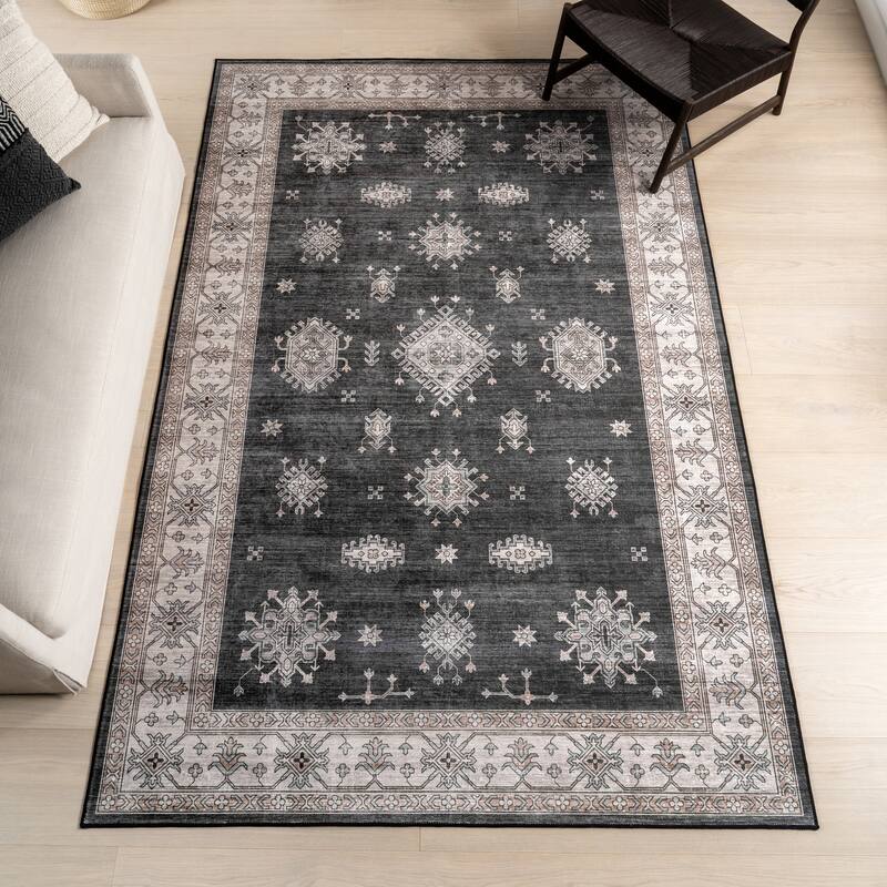 Nuloom Moxie SplashGuard Traditional Bordered Machine Washable Area Rug - 6' x 6' Square - Grey
