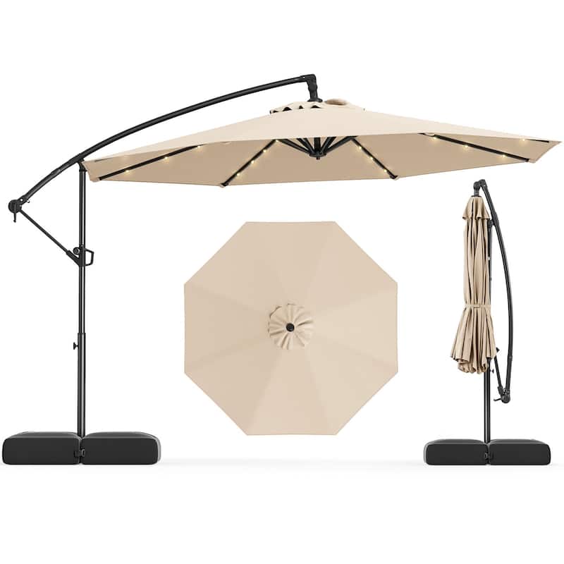 Large 10 Feet Patio Offset Umbrella with Stable Crossed Base and Solar LED Lights for Outdoor