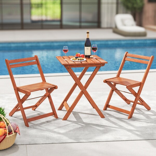 Gymax 3 PCS Outdoor Wood Bistro Set w/ 2 Folding Chairs & Dining