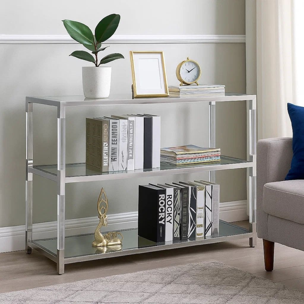 Metal and Glass Sofa Table with 2 Open Shelves, Silver and Clear