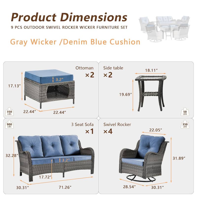 9 Pieces Outdoor Patio Furniture Set Wicker Swivel Chair with Ottoman