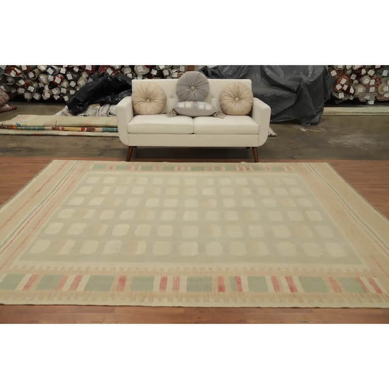 Hand Woven Oriental 100% Wool Carpet Southwestern Tribal Beige & Ivories Kilim Area Rug - 9' 10'' X 8' 2''