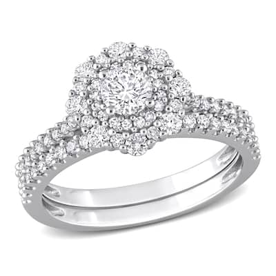Miadora 1ct TDW Diamond Halo Bridal Ring Set in 14k White Gold