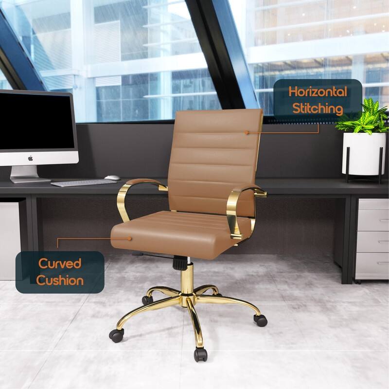 Benmar Mid-Back Leather Office Desk Chair in Gold Stainless Steel Frame Adjustable Height Tilt Lock 360 Swivel Ergonomic Chair