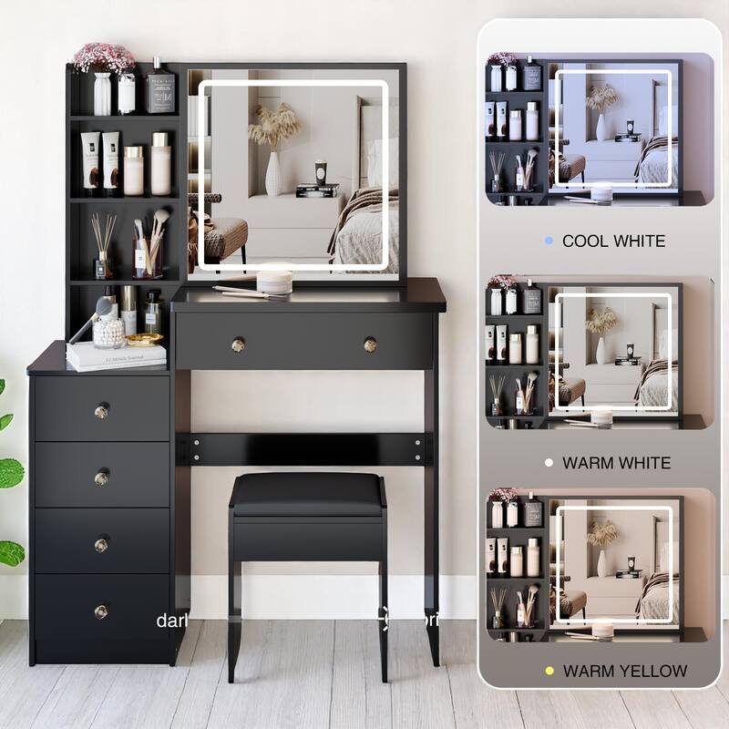 37" Lighted Vanity Table with Adjustable LED Mirror, Wide Storage, Stool, Ideal for Bedroom or Dressing Area