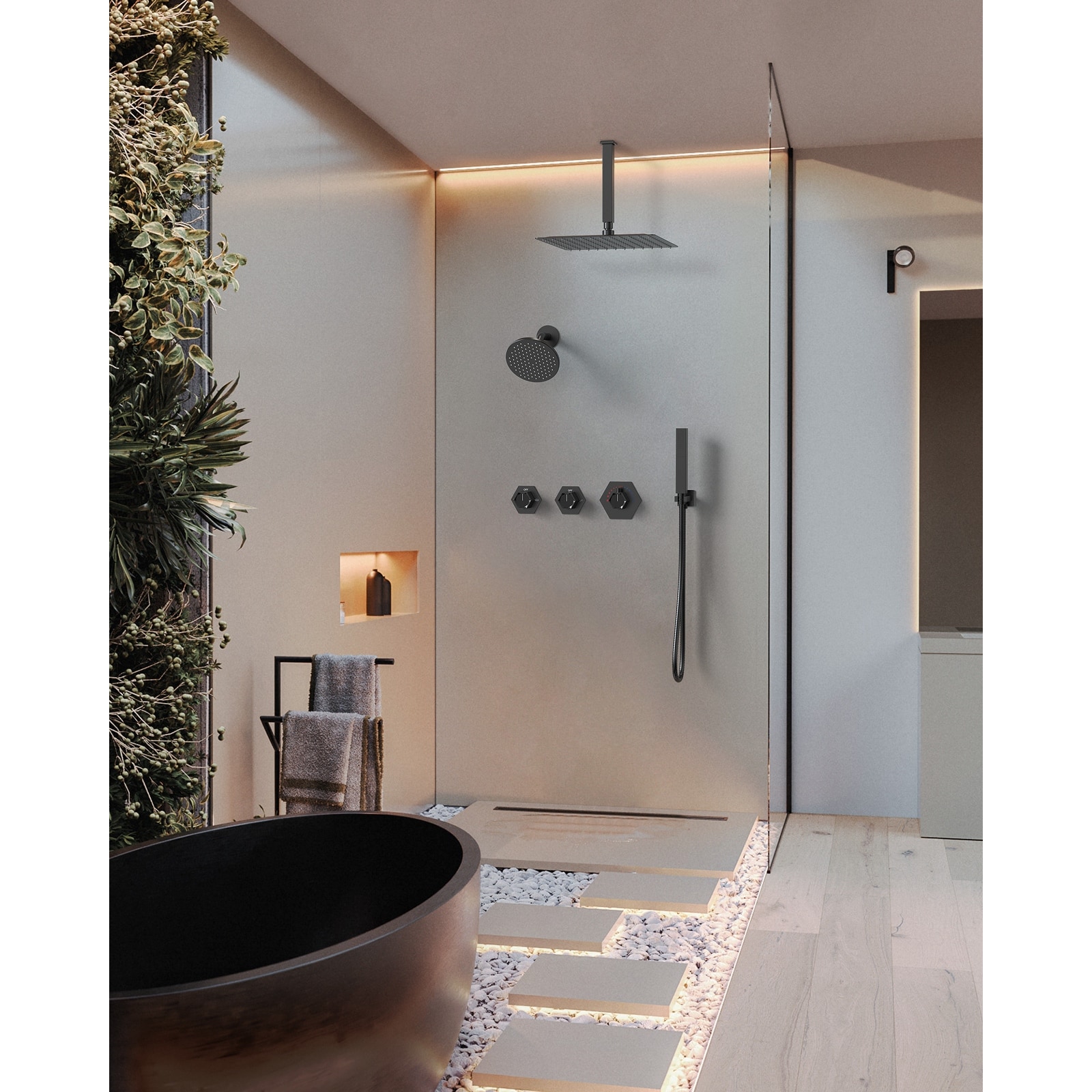 GRANDJOY Thermostatic Shower Faucet Set 12" Ceiling and 6" Wall Mount Rainfall Dual Shower Heads with Handheld Spray Combo