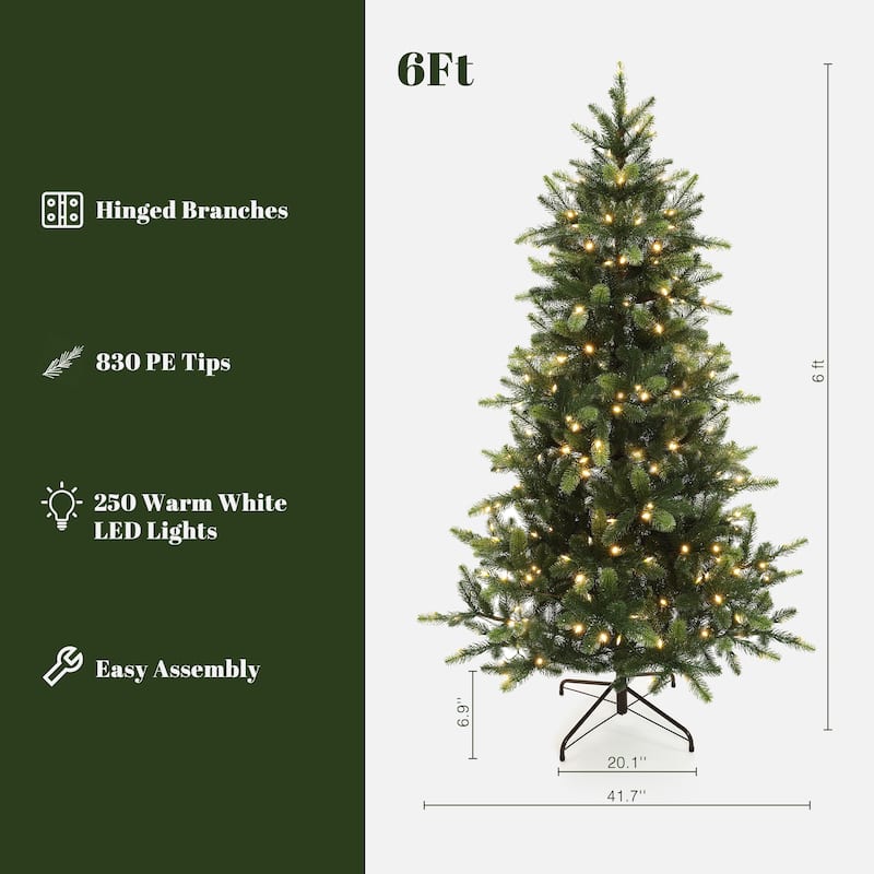 6Ft Pre-Lit Hinged Green Full Fir Artificial PE Christmas Tree - 72" H x 41.7" Diameter