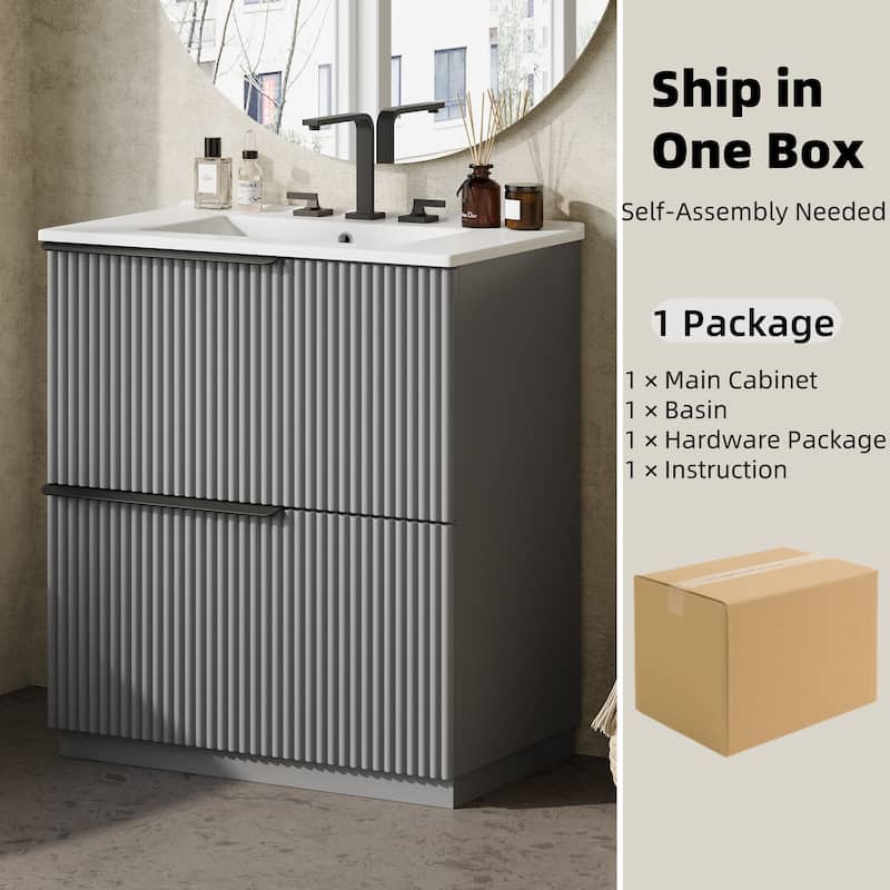 30" Bathroom Vanity with Ceramic Sink and Full-Extension Drawers, Freestanding Bathroom Vanity with Soft Close Drawer Slides