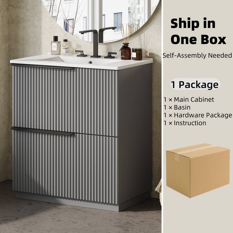 Fluted Bathroom Vanity with Ceramic Sink, Freestanding Vanities Set, Bathroom Storage Cabinet with Full-Extension Drawers