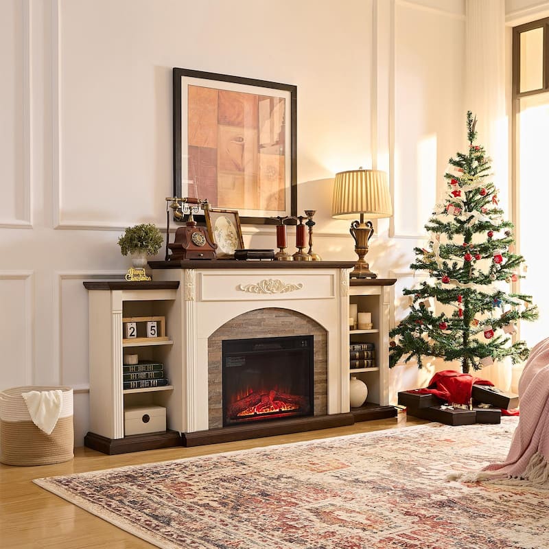Classic 72 inch Electric Fireplace with Mantel White TV Stand Entertainment Center with Storage