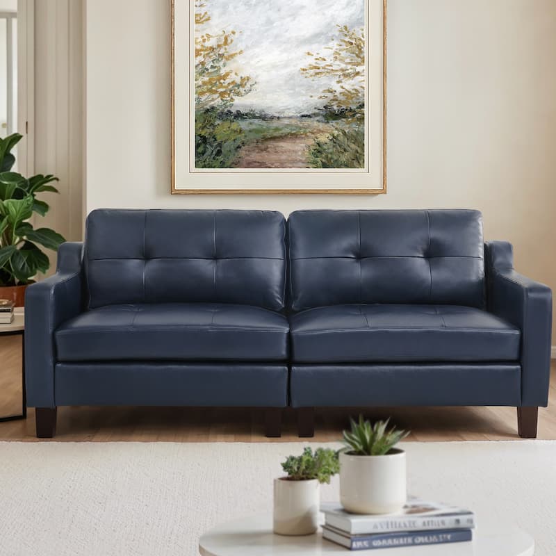 Genuine Leather Sofa Tufted Sectional Couch with Removable Cushions - Navy