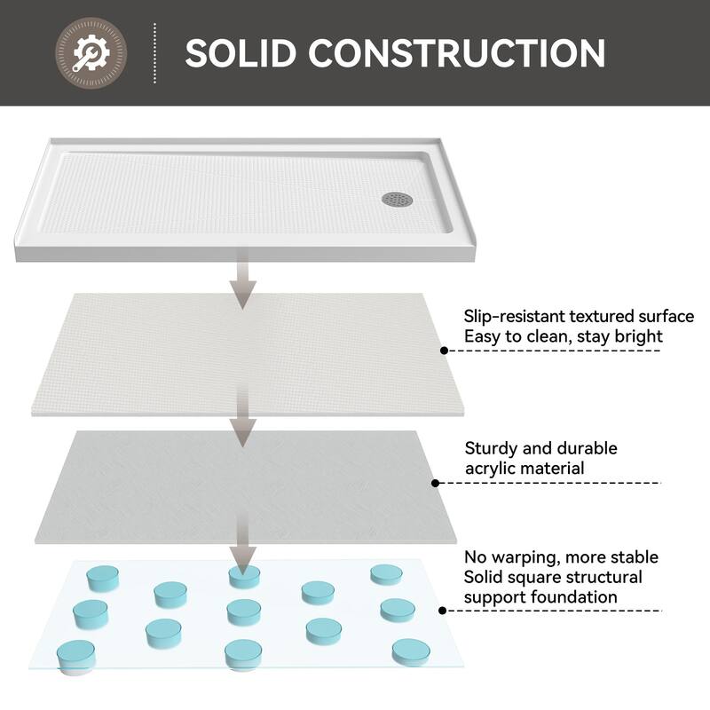 HOROW 60 x 30 Inch Alcove Shower Pan Base in High Gloss White with Wide Threshold Design - Right Drain Location
