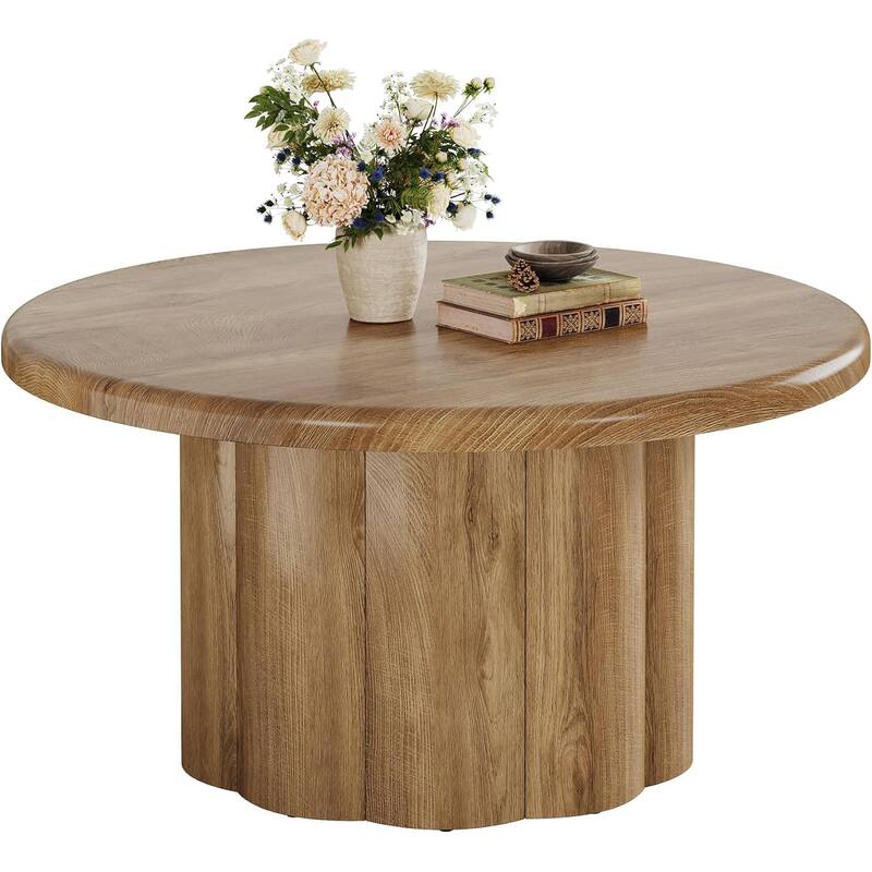 31.5" Round Coffee Table with Fluted Drum Base, Farmhouse Circle Center Cocktail Table for Apartment, Small Space