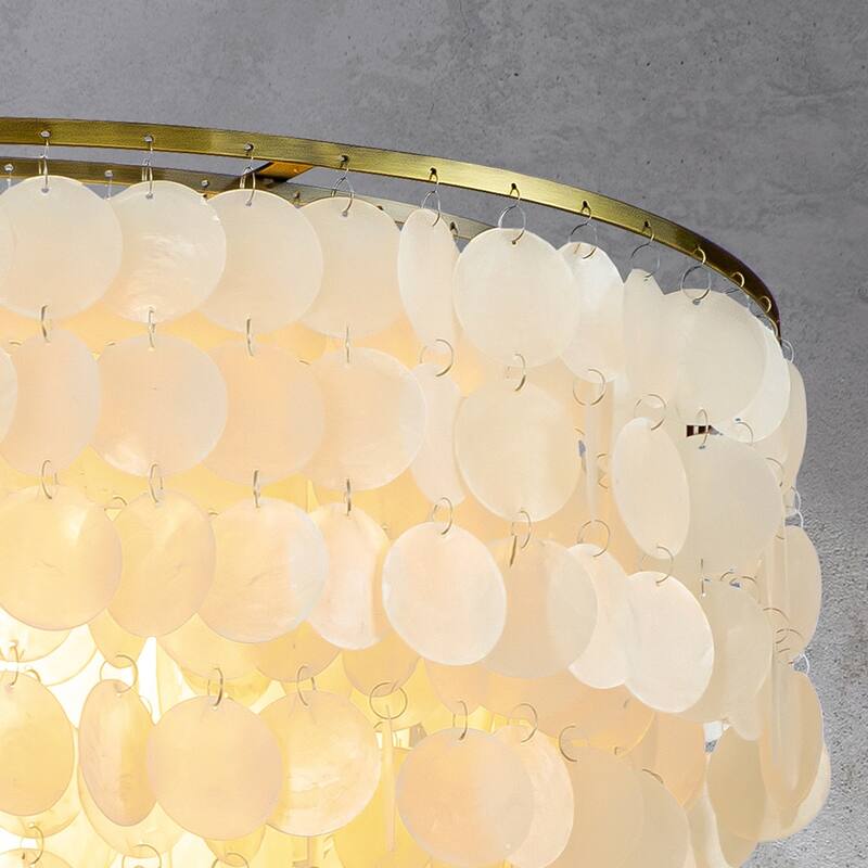 CraftHome 6-Light Coastal Natural Capiz Shell Tiered Flush Mount Ceiling Light With Antique Gold Metal for Living Room - 24''