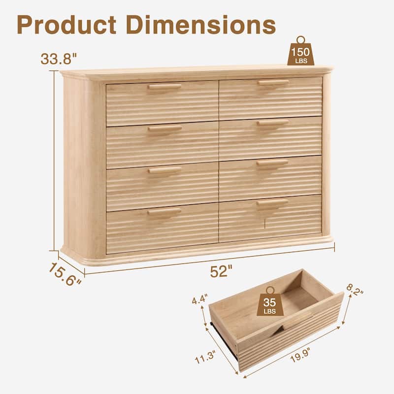 Fluted 8 Drawer Dresser, 52" Wide Modern Wood Dresser for Bedroom, Chest of Drawers with Curved Profile Design
