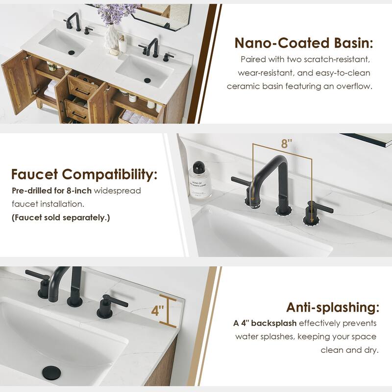 Clara Bathroom Vanity in Weathered Brown with Calacatta Truffle White Quartz Countertop No Mirror