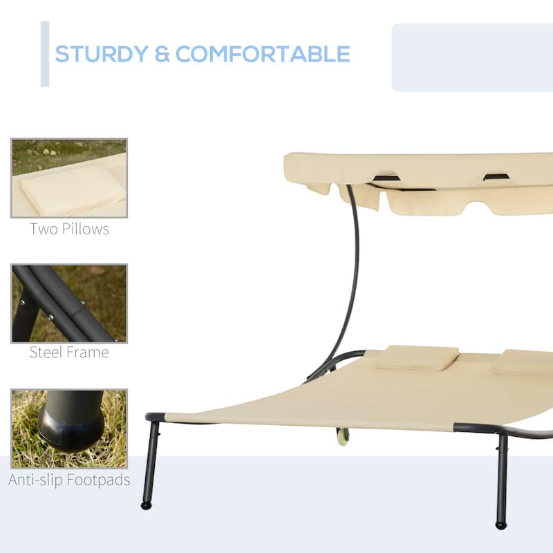 Outsunny Patio Double Chaise Lounge Chair, Outdoor Wheeled Hammock Daybed with Adjustable Canopy and Pillow
