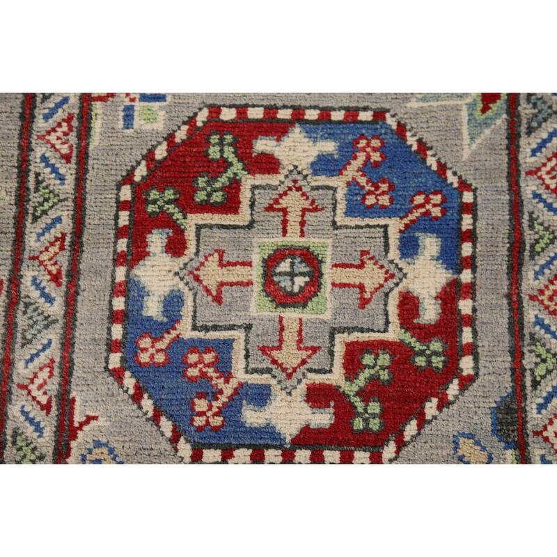 Hand Knotted Oriental 100% Wool Carpet Traditional Geometric Greys & Charcoal Kazak Runner Rug - 13' 3'' X 2' 8''