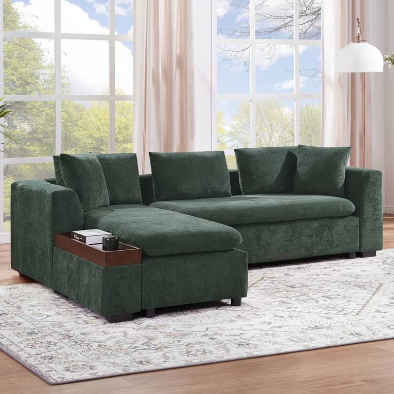 93.7" L-Shaped Storage Sectional - Upholstered Sofa with Built-in Wooden Compartment - Green