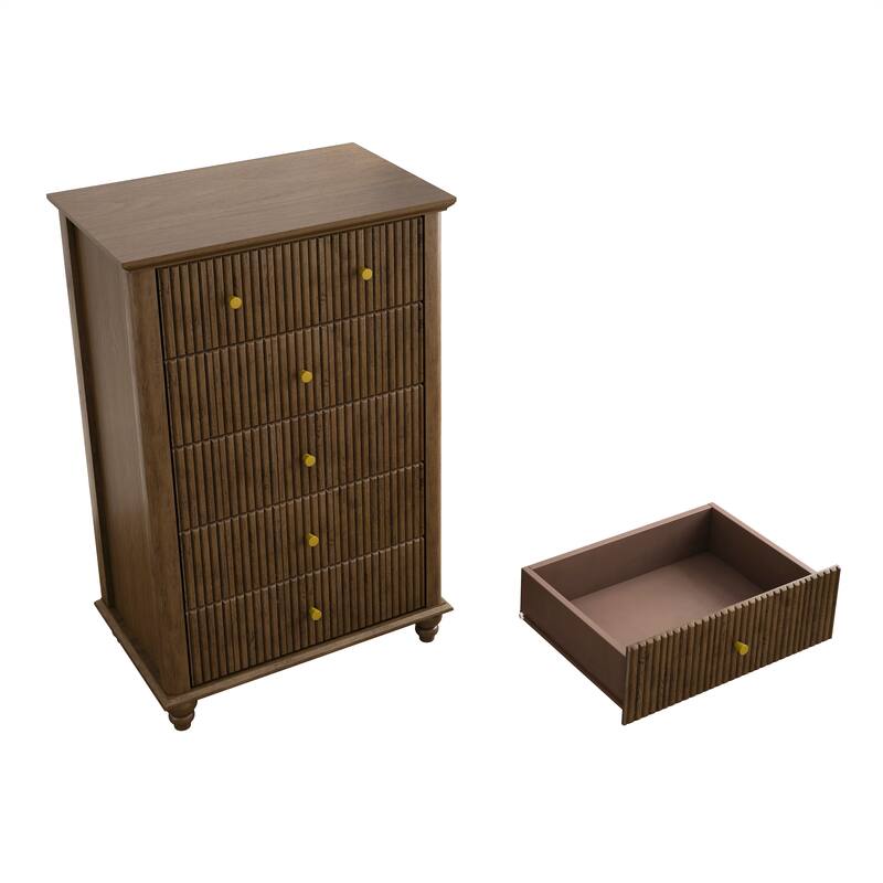 GDFStudio - Ava 45" Tall 5-Drawer Dresser with Fluted Detail and Wooden Base