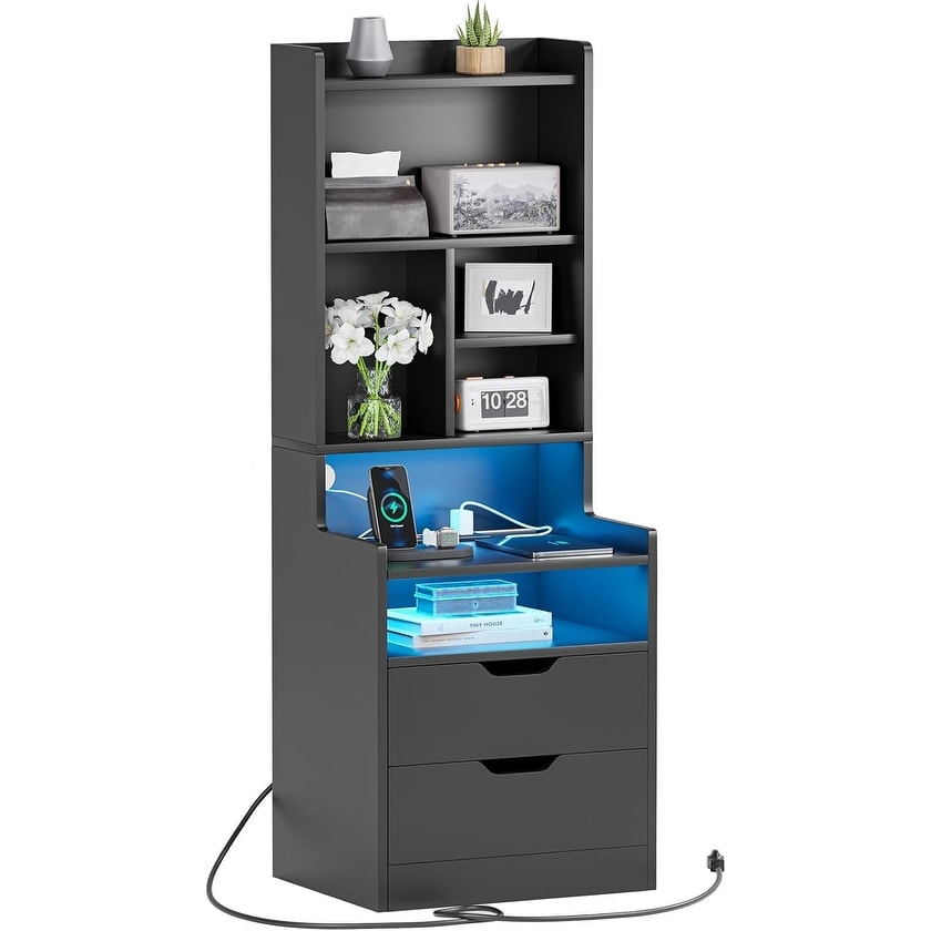 Tall Nightstand with Charging Station, LED Lights, and Storage Drawers