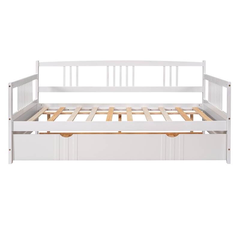 Full Size Daybed Wood Bed with Twin Size Trundle, White