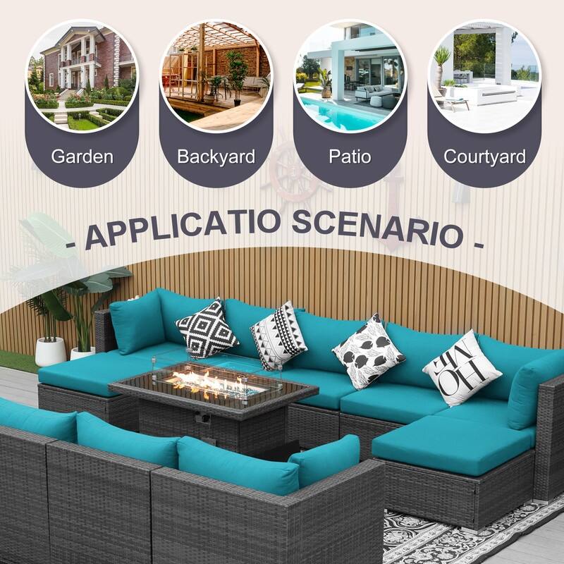 FINCATI Outdoor Grey Wicker Sectional Furniture Patio Sofa Set with Firepit Table