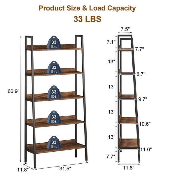 5-Tier Bookshelf, 67'' Industrial Metal Frame Storage Rack with ...