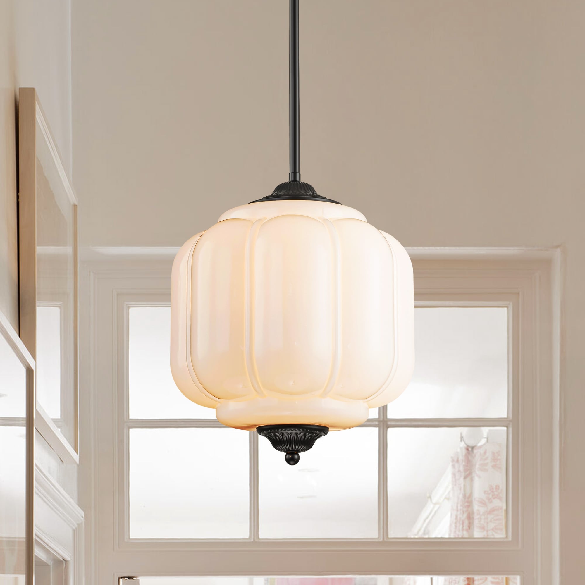 1-Light Antique Brass/Matte Black Pumpkin Shaped Flush Mount Ceiling Light/Pendant Light with Milk/Green Glass for Dining Room