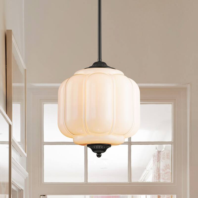 1-Light Antique Brass/Matte Black Pumpkin Shaped Flush Mount Ceiling Light/Pendant Light with Milk/Green Glass for Dining Room - 9.8 in. W x 11.0 in. H x 9.8 in. D - Black/White