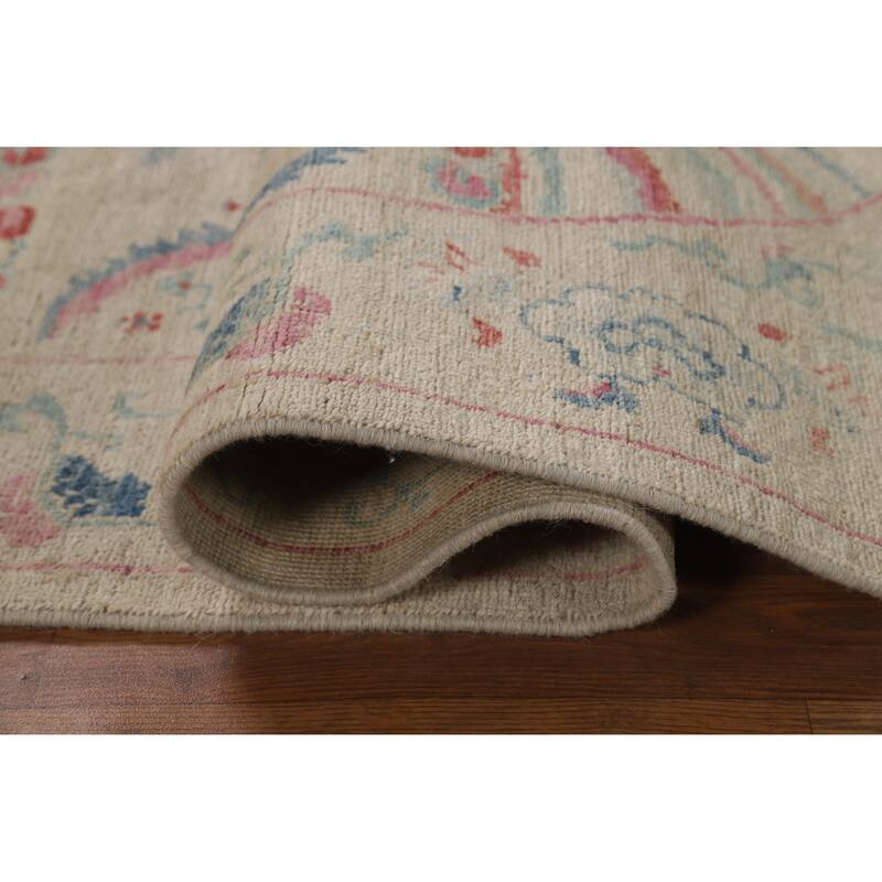 Vegetable Dye Beige Art Deco Turkish Rug Hand-Knotted Wool Carpet - 5'0"x 6'11"