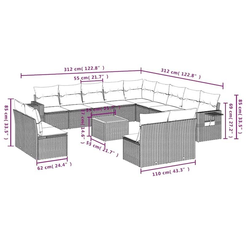 vidaXL 14 Piece Patio Sofa Set with Cushions Black Poly Rattan - 24.4" x 24.4" x 27.2"
